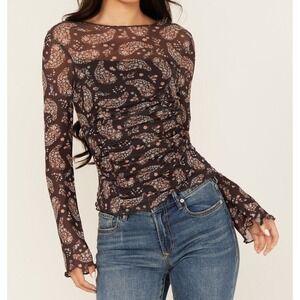 Ash & Violet Women's Paisley Print Mesh Seamed Long Sleeve Top - Brown - Small